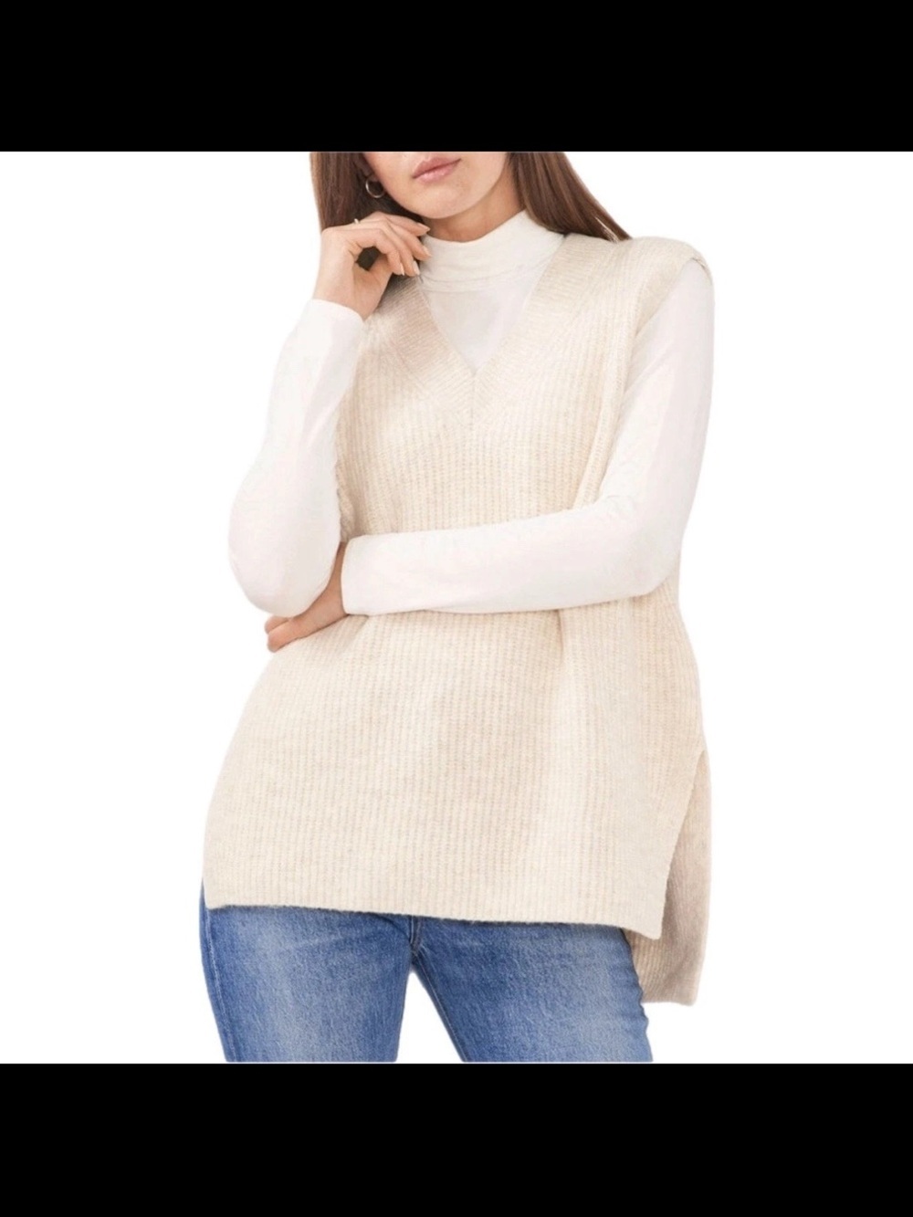 Vince Camuto Cream Ribbed V-Neck Sleeveless Sweater Vest